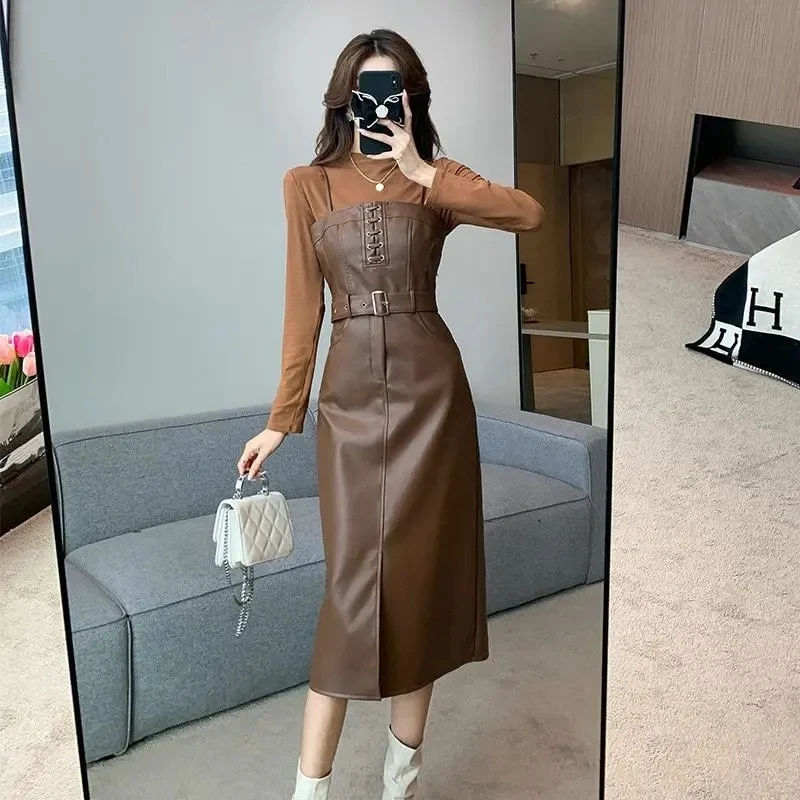 Advanced Sense PU Leather Strap Dress NEW Spring Autumn Knitted Sweater + Suspended Leather Dress Suits Elegant Women Outfits