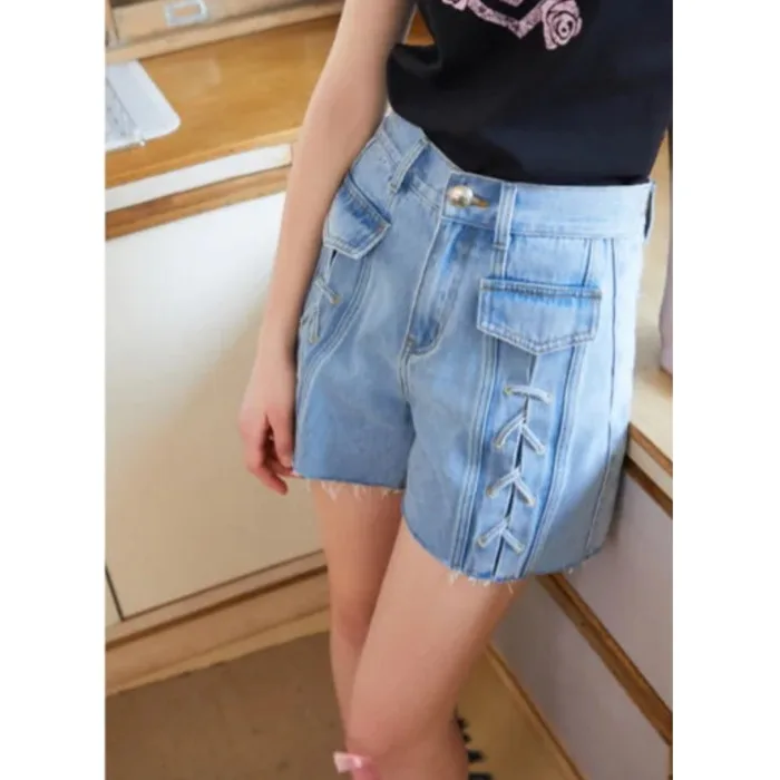 

Summer 2026 Chic Fashionable Retro Style Korean High Waist Cotton Denim Shorts Tied Frayed Casual Loose Fit Ladies Jeans
