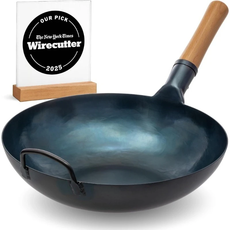 

Pre-Seasoned 13.5 Inch Blue Carbon Steel Wok Flat Bottom Stir Fry Pan for All Cooktops