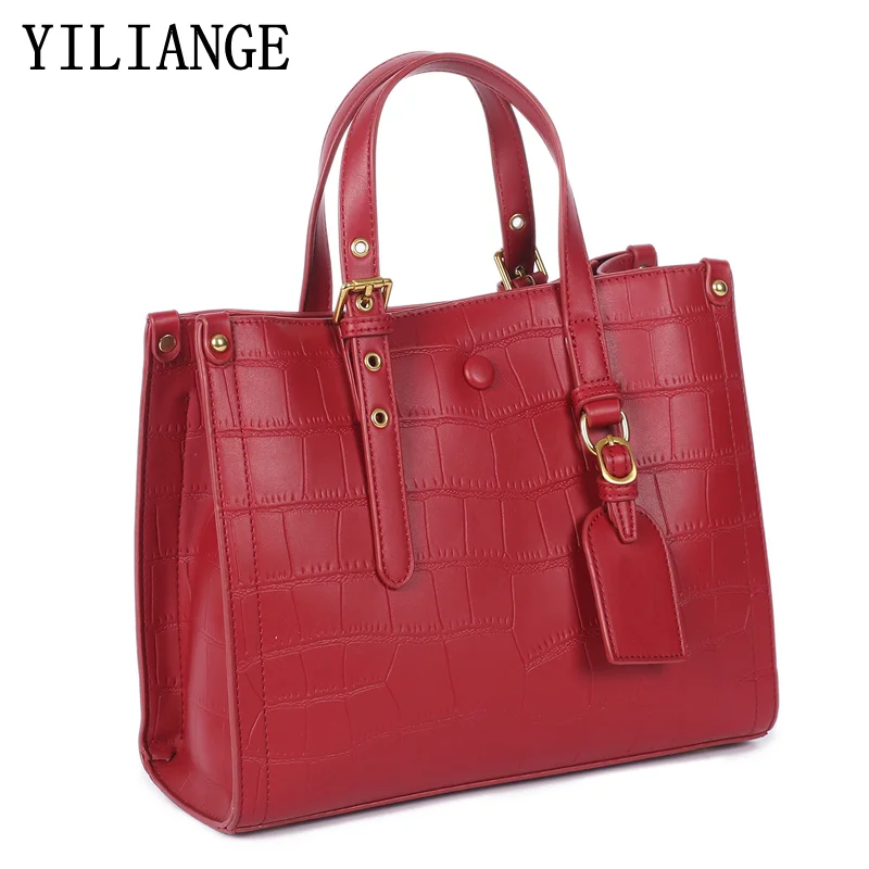 Real cowhide crocodile pattern shoulder bag  European and American Retro handbags women bags  Embossed crossbody bags for women