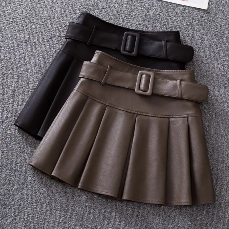 Women's Brown Mini Pleated Skirt Vintage Korean Style Y2k Gyaru A-line Skirt Harajuku Leather Skirt 2000s Clothes Spring Summer