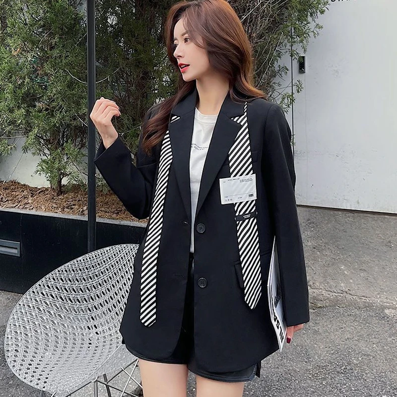 Black Women Blazers and Jackets with Necktie Spring Autumn New Loose Patchwork Long Sleeve Maxi Tailored Coats M-4XL