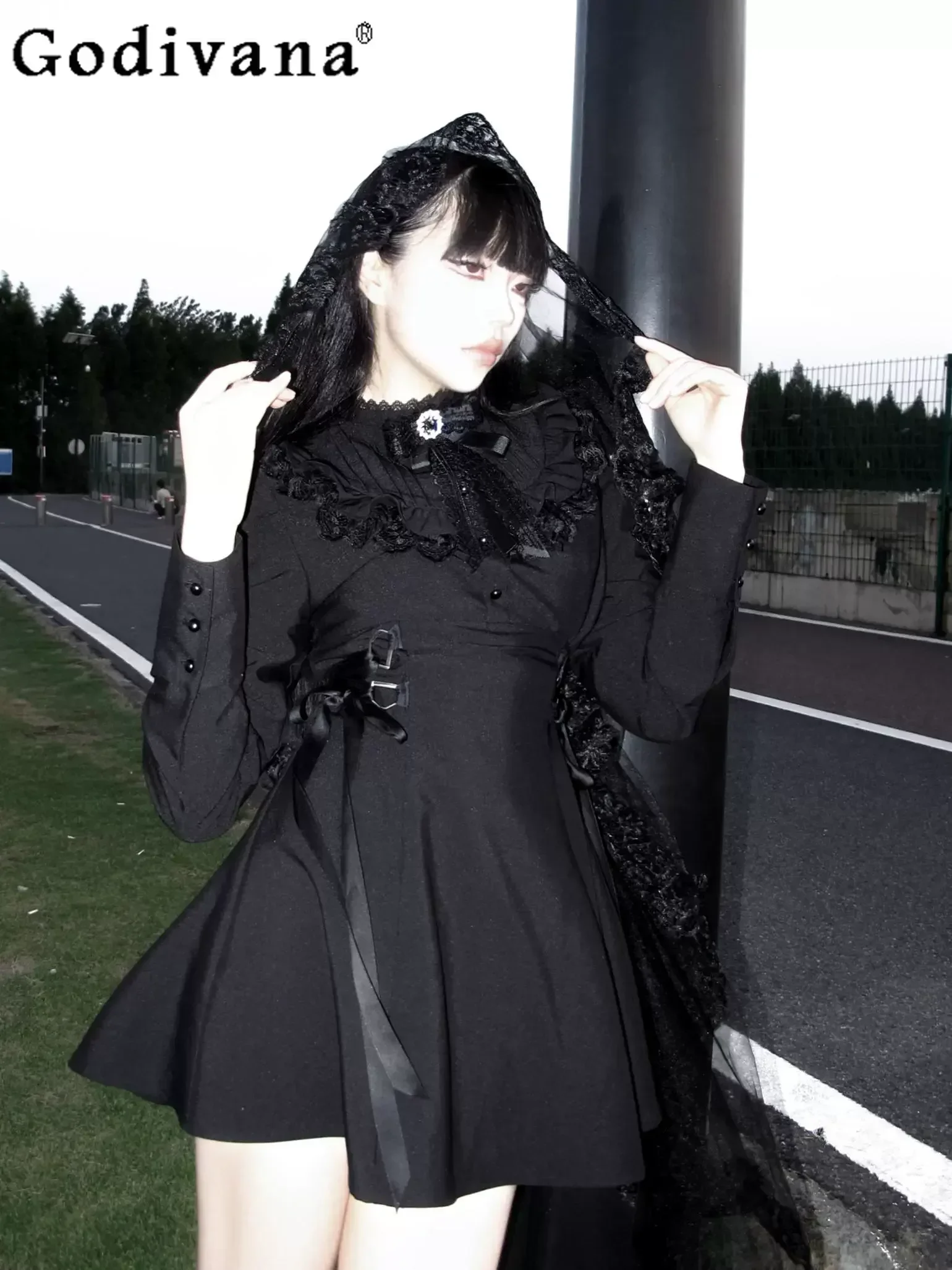 

Original Subculture Gothic Retro Black Short Dress Women's Slim Fit Lace Bow Strap Long Sleeve Dresses Spring and Autumn 2025