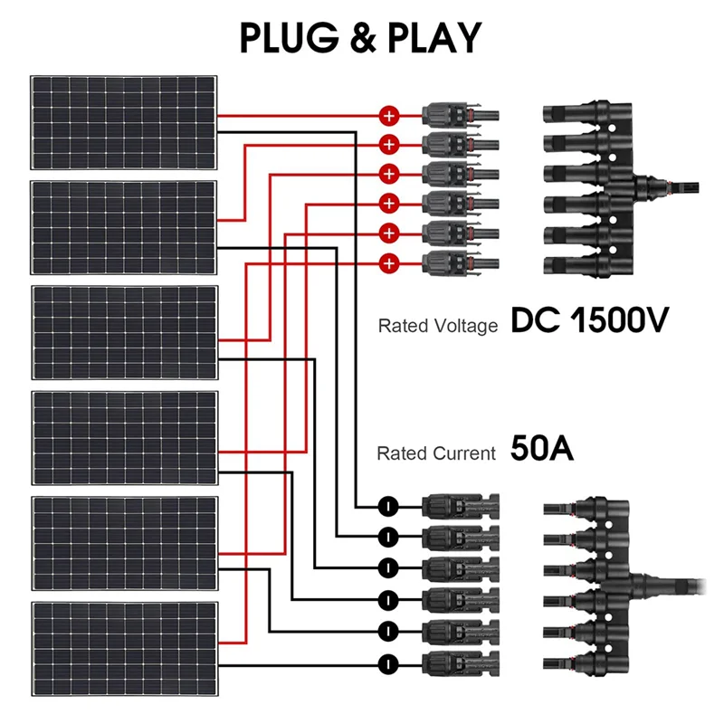 2 Pair 6 To 1 T Branch Connector Solar Panel Connectors Cable Splitter Coupler Solar Cable Connectors for RV