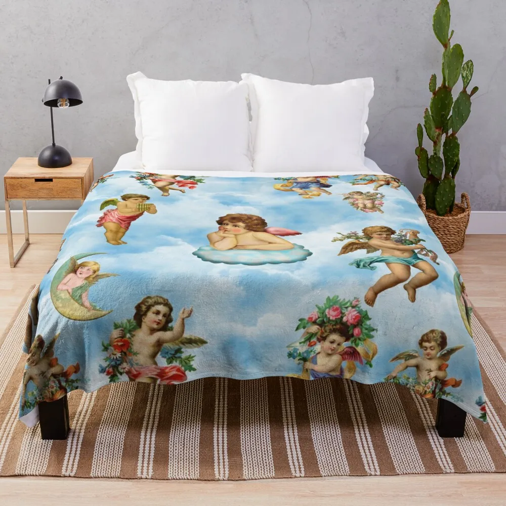 angel cherub clouds antique Throw Blanket Flannel Fabric Vintage Sofa Throw valentine gift ideas Blankets