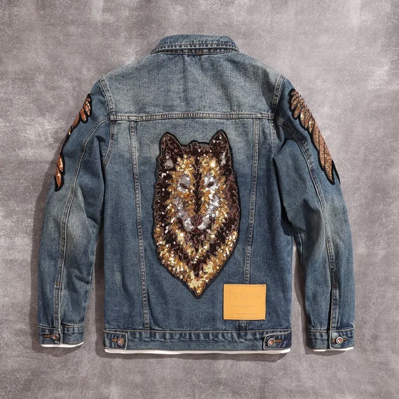 

[Owl] Sequin Design Locomotive Style Embroidery Fashion Men's Denim Jacket 2024 Trendy Loose All-Matching Men's Clothing Coat