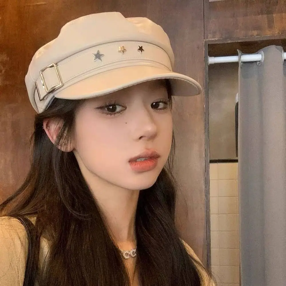 

Casual Star Pu Leather Beret British Style Newsboy Cap Octagonal Hat Artist Hat Flat Top Painter Hat Travel