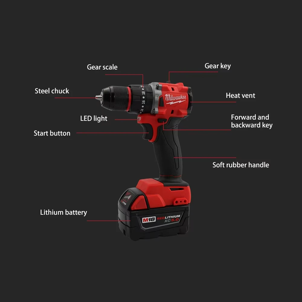 Milwaukee 150N.m Trapano a percussione elettrico senza spazzole Trapano avvitatore a batteria Mini cacciavite elettrico 18V Utensile elettrico