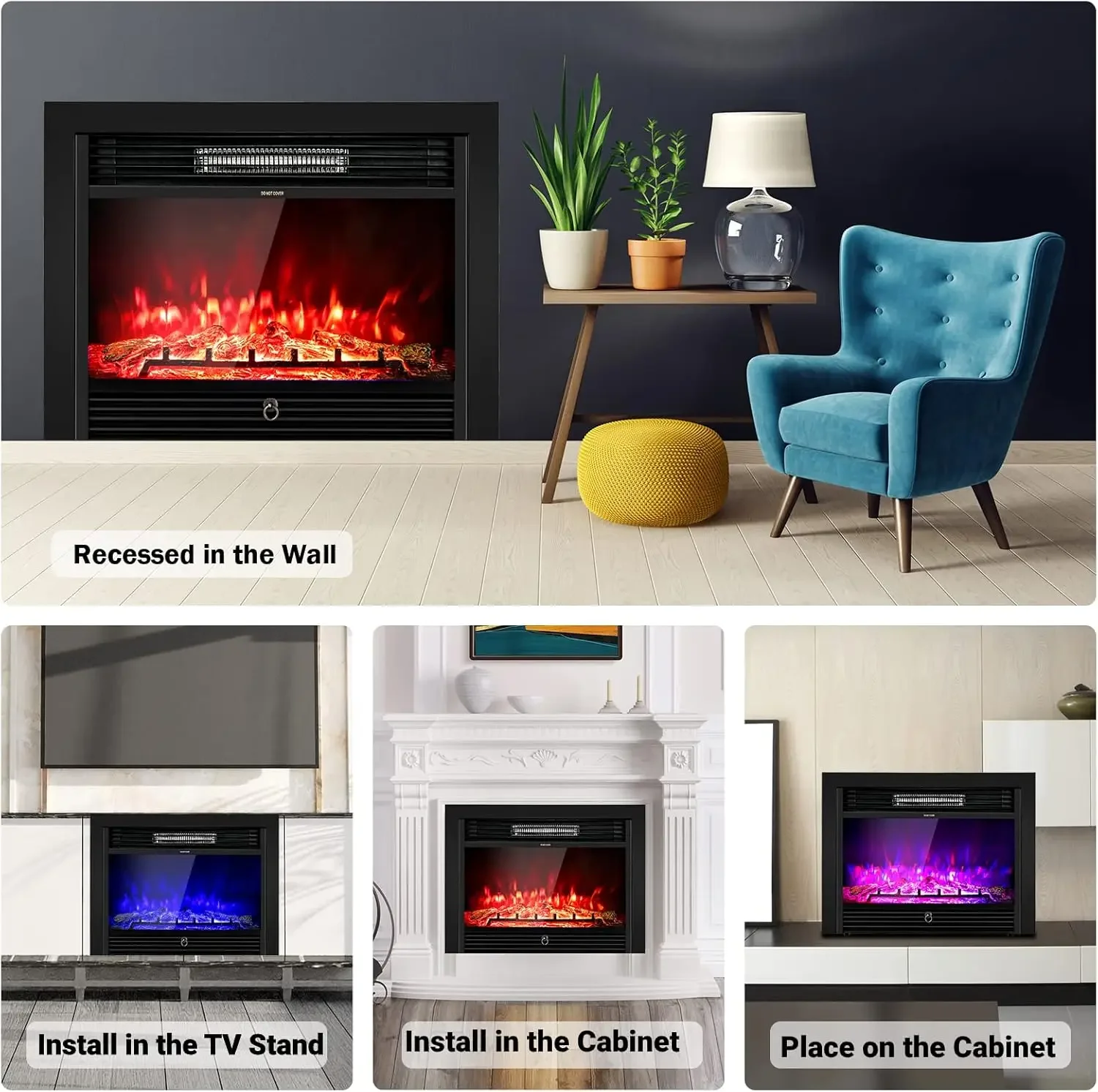28.5-Inch Electric Fireplace Inserts, 750W/1500W Wall Recessed and Freestanding Fireplace with 3 Flame Colors, 5 Brightn
