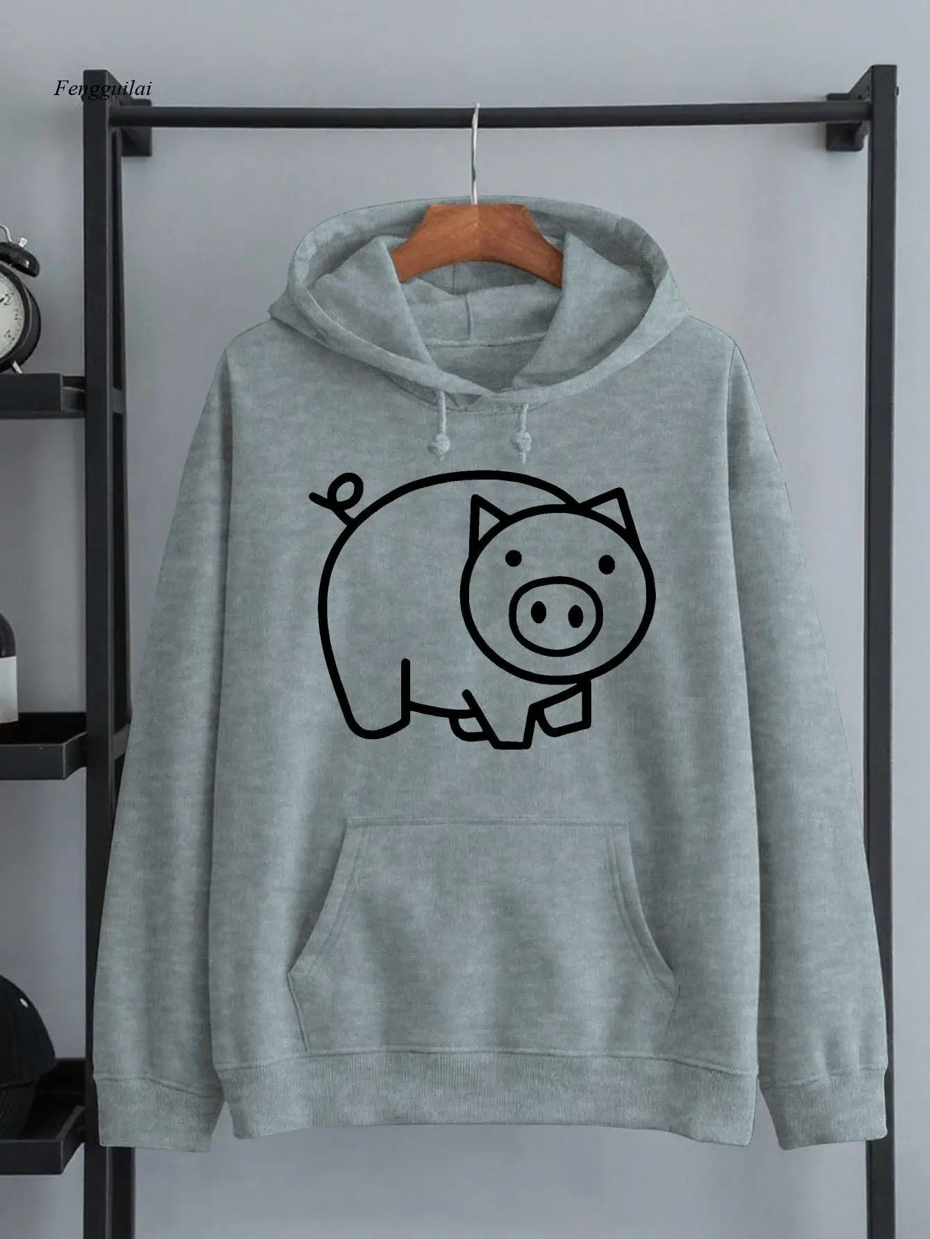 Pig New Fashionable Clothing | American Trendy Street Style Printed Autumn And Winter Velvet Warm Sweatshirt Hooded Pullover
