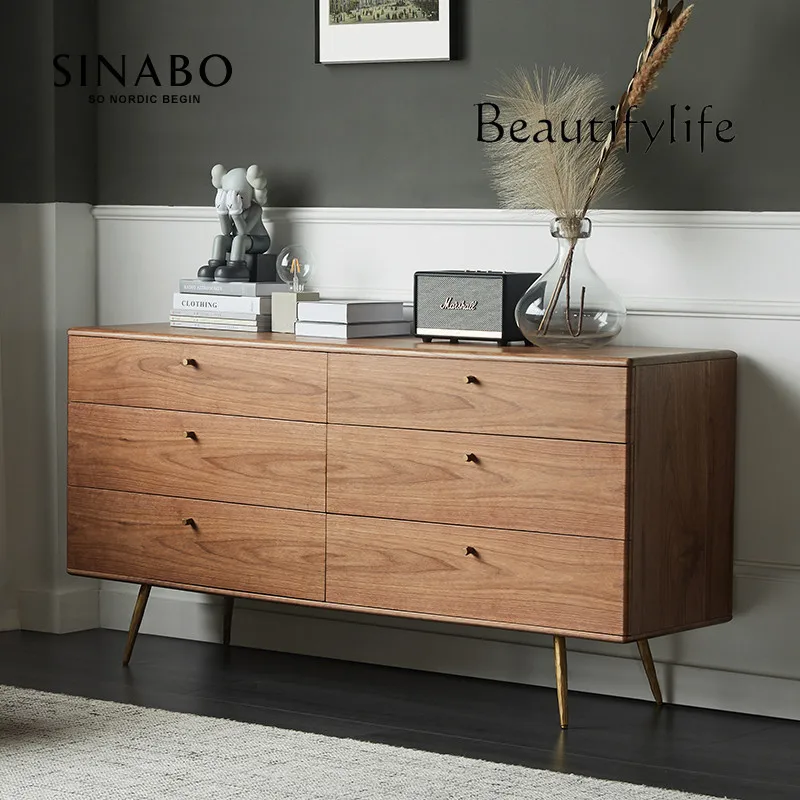 

Nordic Solid Wood Chest of Six Drawers Light Luxury Bedroom Walnut Color Storage Cabinet Simple Sideboard Cabinet