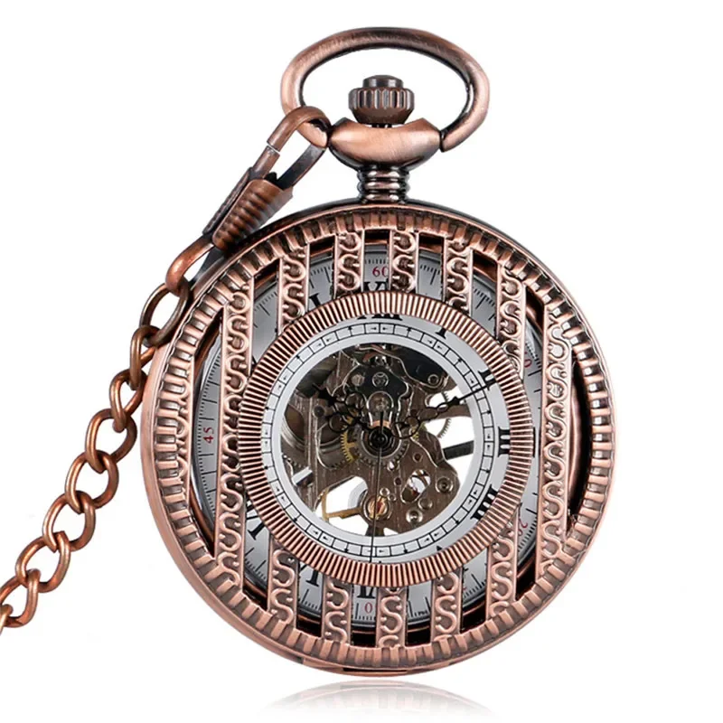 Antique Silver Black Unisex Pocket Watch Handwinding Mechanical Skeleton Watches Roman Number Clock with Pendant Chain Reloj