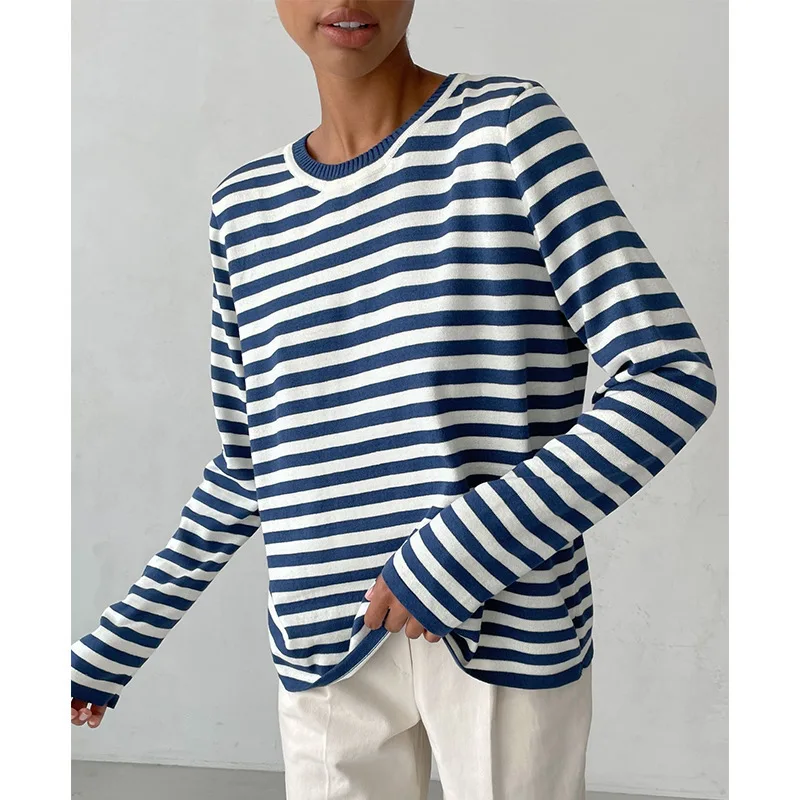 

Crew Neck Knitted Striped Sweater 2025 Spring Versatile Classic Retro Striped Pullover Sweater Women's European American