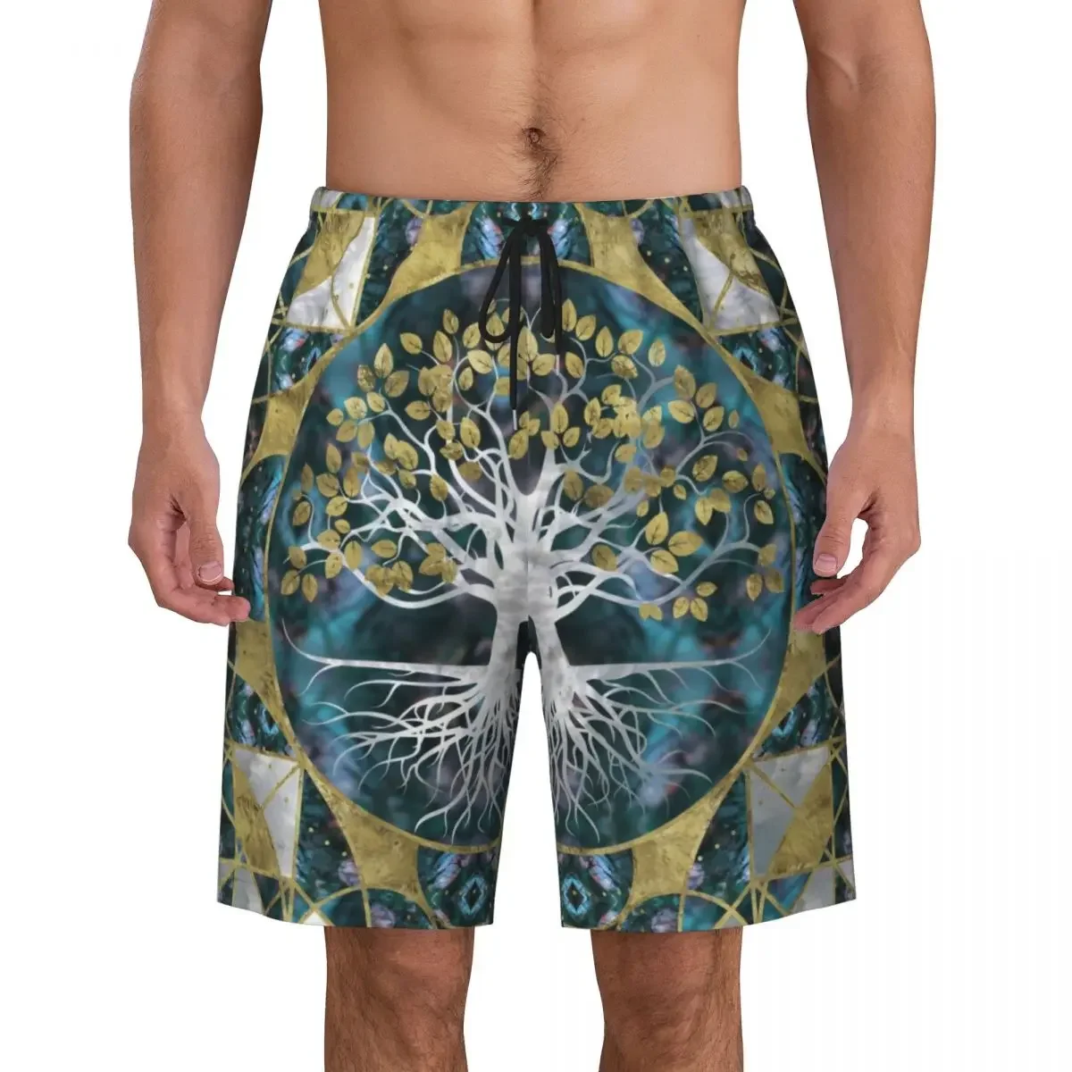 Tree Of Life Marble And Gold Print Mens Swim Trunks Quick Dry Swimwear Beach Board Shorts Vikings Yggdrasil Boardshorts