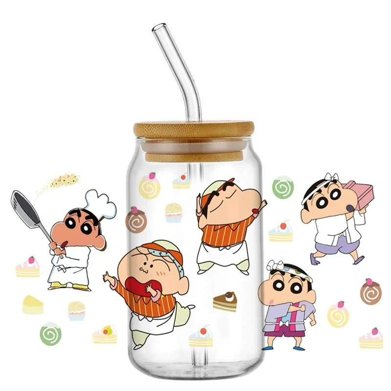 Cute Funny Crayon Shin-chan Character UV DTF 3D Transfer Decals, Cartoon Cup Wrap Stickers for 16oz Libbey Glass Can DIY