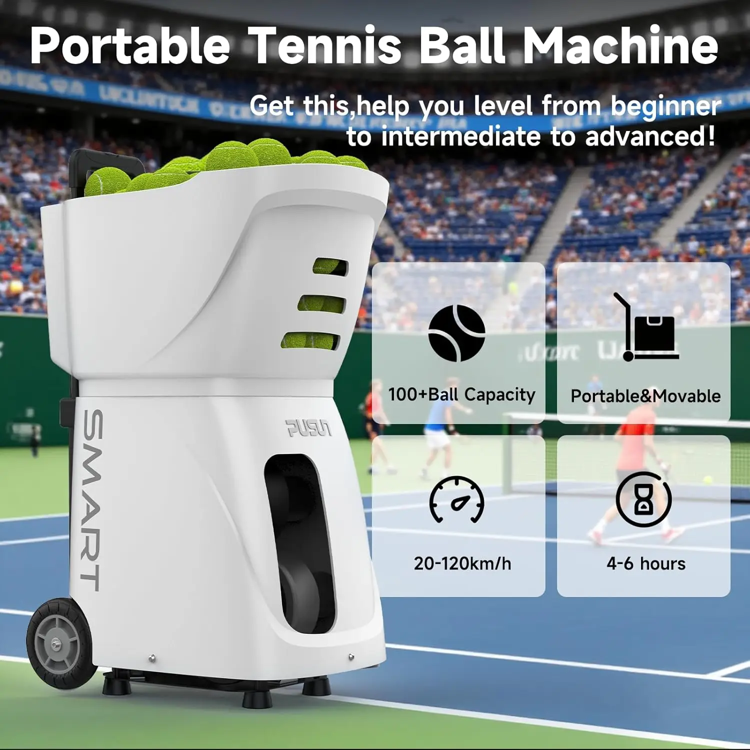 

PUSUN PT-Smart Portable Tennis Ball Machine Professional Tennis Training Launcher Automatic Serving Device 100+ Capacity