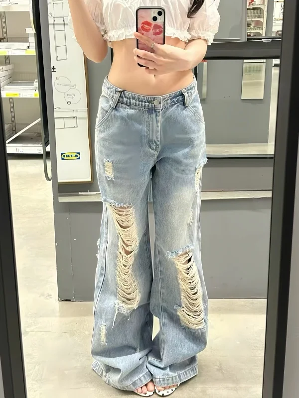 

Retro American Low Waist Denim Jeans Women Summer Street Style Loose Washed Casual Wide Leg Long Trousers Tear Detail