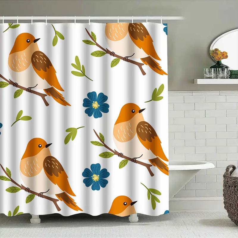 

Whimsical Bird Bath CurtainOrange Blue Floral Pattern Bathroom Decor Shower Curtains for Kids Rooms Size 72 x 84, White Backgrou