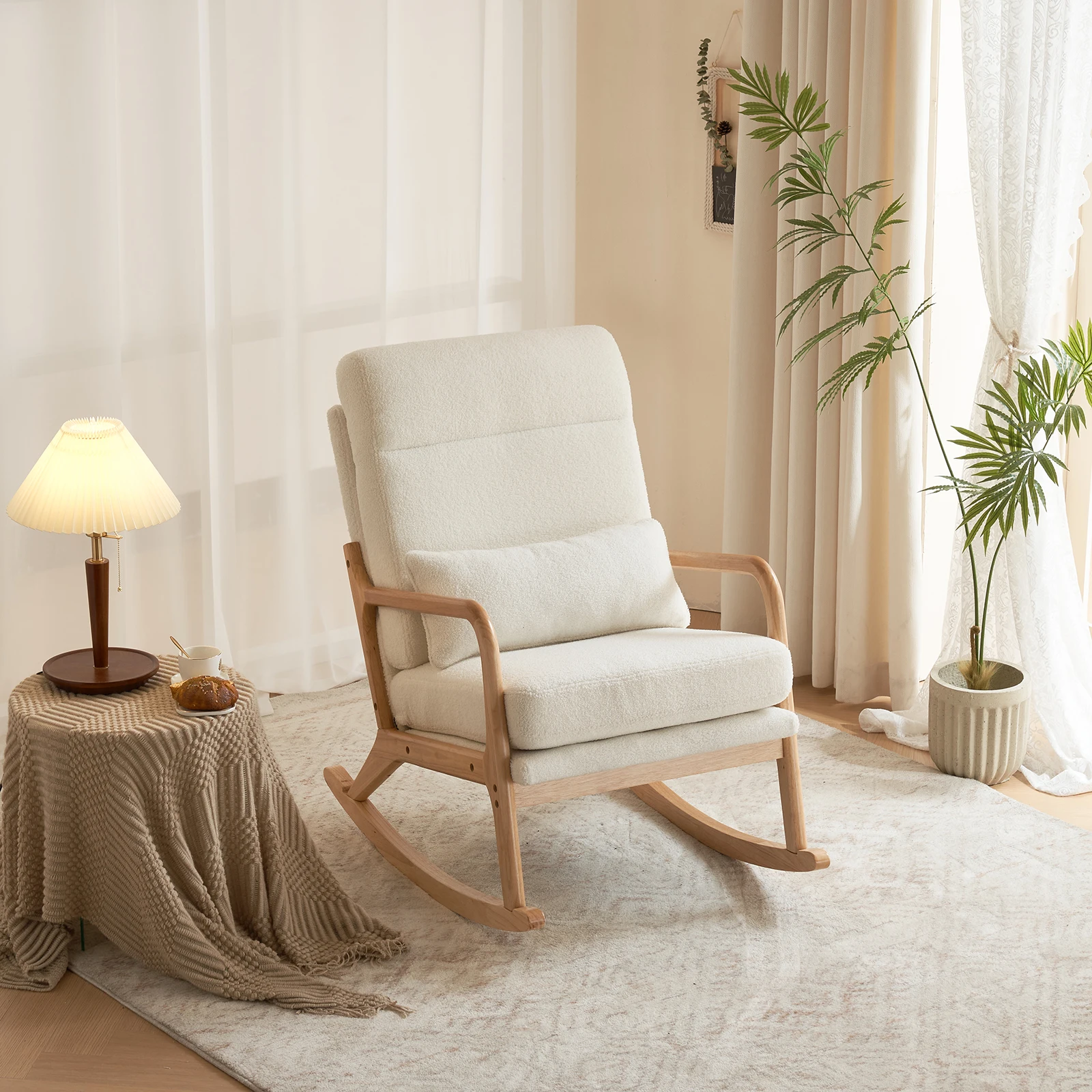 

High Back Belt Waist Pillow Log Color Solid Wood Armrest Backrest Seat Frame Iron Frame Indoor Rocking Chair/armchair