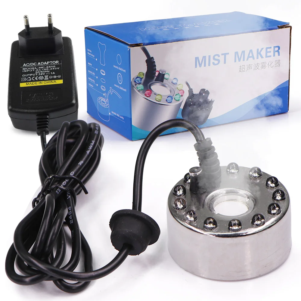 Colorful Lights Ultrasonic Mist Maker Fogger w/ 110-240V Water Atomizer Head Kit for Pond Fountain Aquarium Fish Tank Humidifier