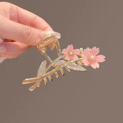 Shiny Rhinestone Sakura Flower Hair Clip Women's Back Head Clip Elegant Metal Shark Clip Girls Hair Accessory