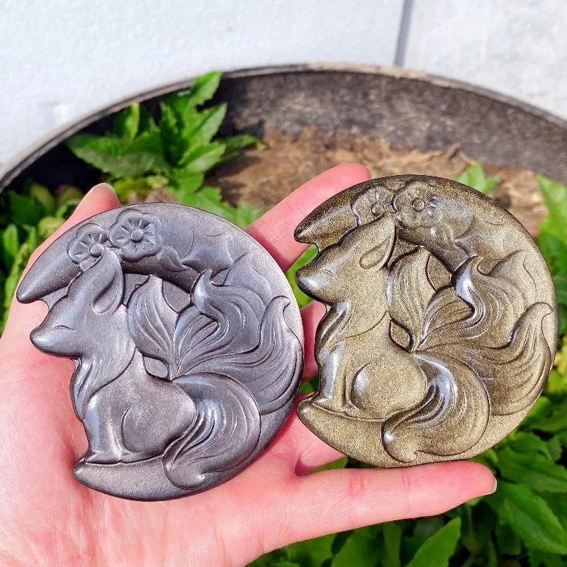Natural Silver /golden Obsidian Fox,Crystal Moon Fox , Hand Carved Sculpture，Quartz healing