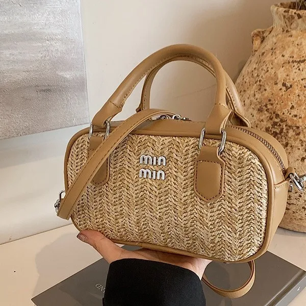 

Color Block Straw Woven Bowling Bag Women's Crossbody Top Handle Summer-Ready Versatile Purse for Beach Vacation Daily Outings‌