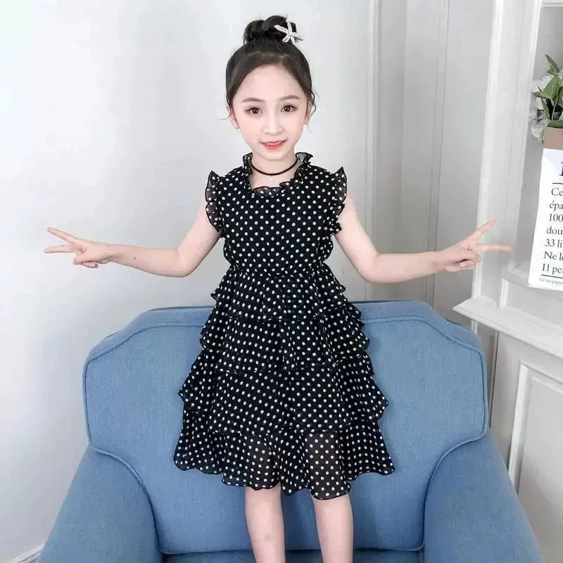 Vestido de Chiffon Preto com Poás e Babados para Meninas, Sem Mangas, Casual, para Festas de Verão, para Crianças de 4 a 12 Anos, Vestido Elegante par