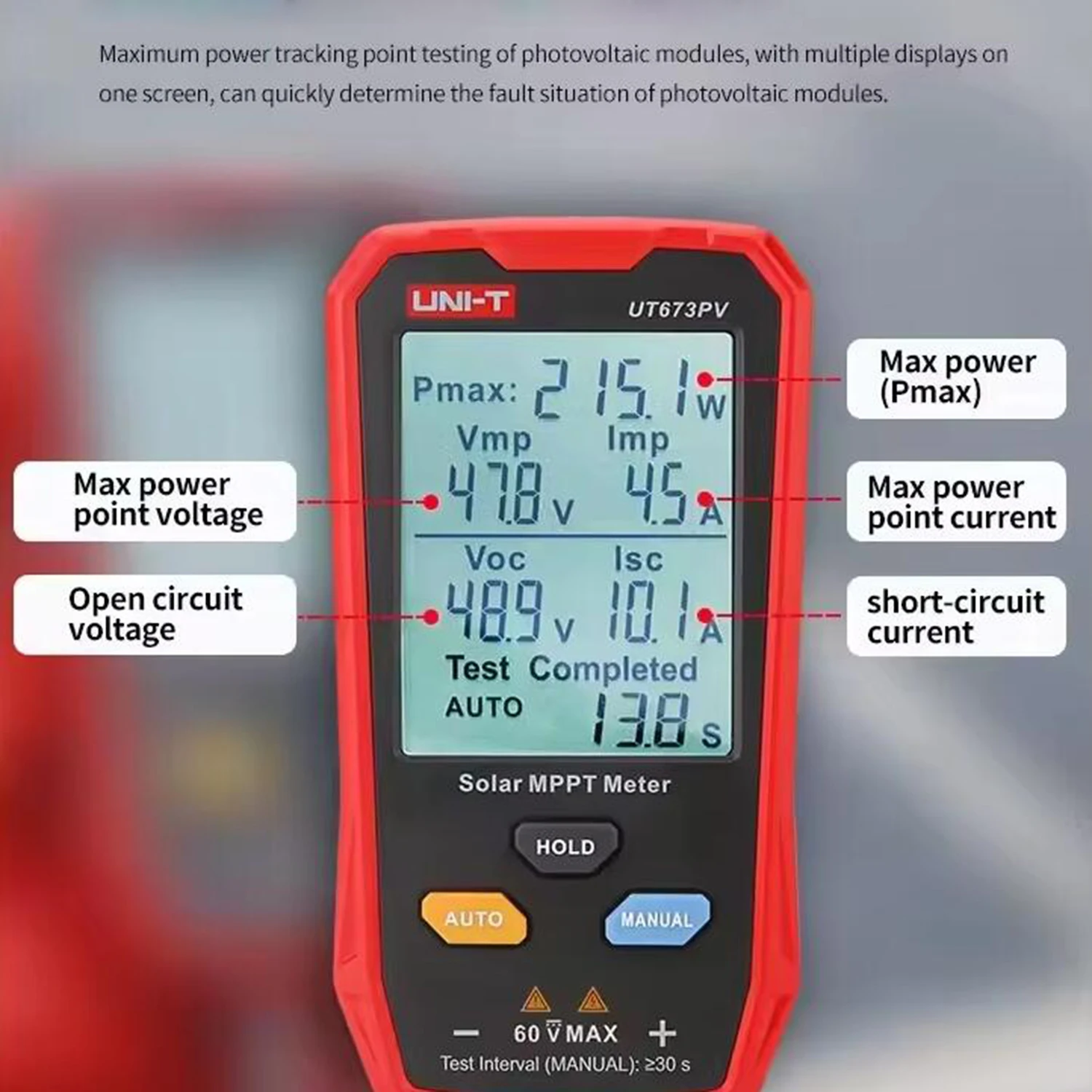 UNI-T UT673PV Solar MPPT Meter; 12~60V Open Circuit Voltage Measurement/800W Power Test/35A Load Current Measurement