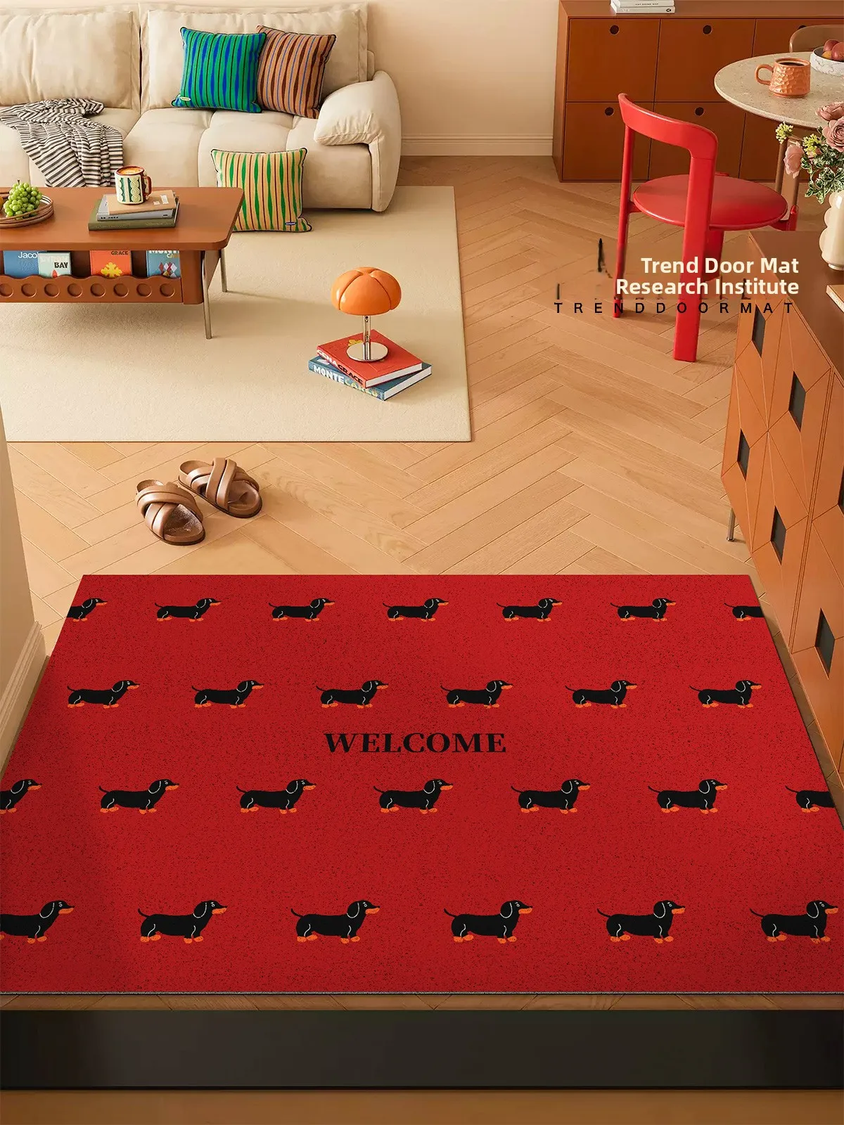 

Новогодний придверный коврик с изображением таксы, красный, большой, для входной двери, для переезда, современный, из ПВХ, противоскользящий