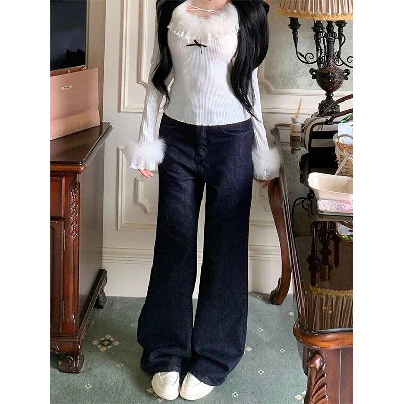 Pantalones vaqueros Y2k con diseño de bolsillo y lazo Vintage para mujer, pantalones vaqueros de pierna ancha rectos holgados Retro americanos, ropa de calle, pantalones informales