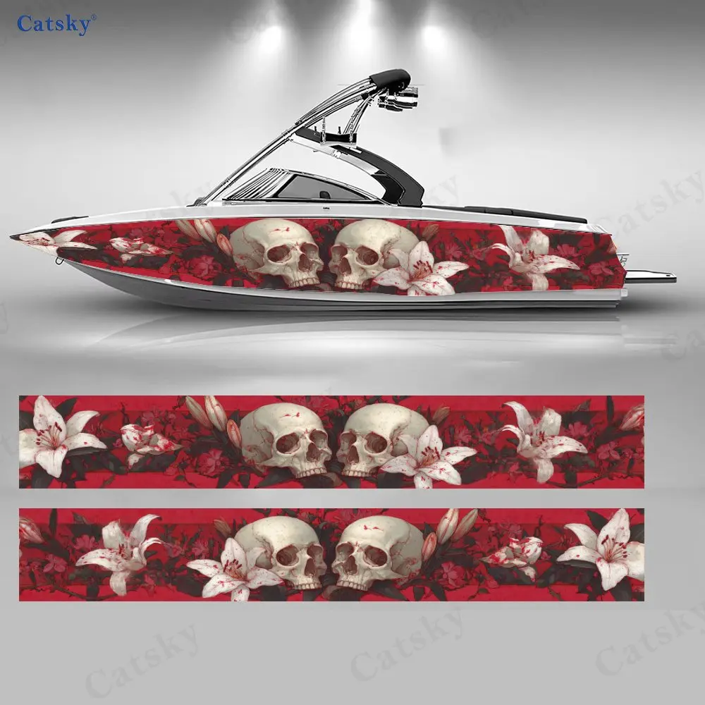 

2 шт. наклеек с кроваво-красными черепами и цветами для лодок, водонепроницаемые виниловые наклейки из ПВХ для рыболовных судов, прочные и стильные.