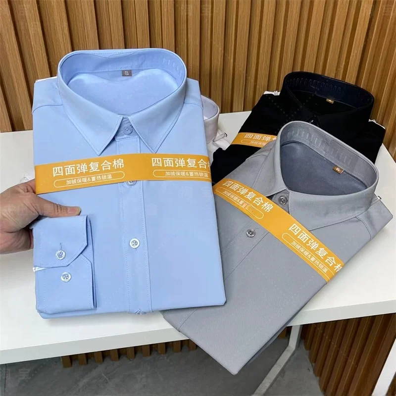 

Men's Faion Casual Long Sve Fce Lined irt Windproof Warm Breathable Four Way Stretch Cosite Velvet Autumn Winter