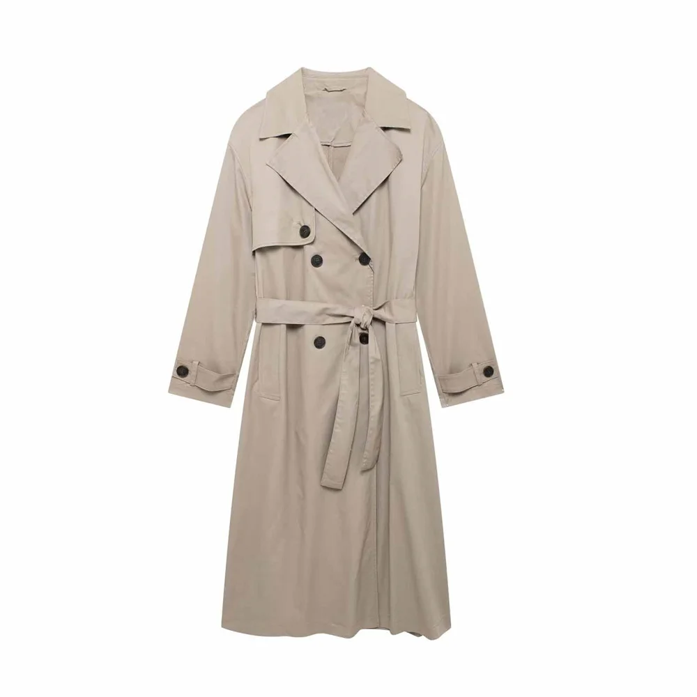 PB&ZA2024 Autumn New Product Casual Women's Fashion Solid Color Collar Button Decoration with Belt Midi Wind Coat Coat