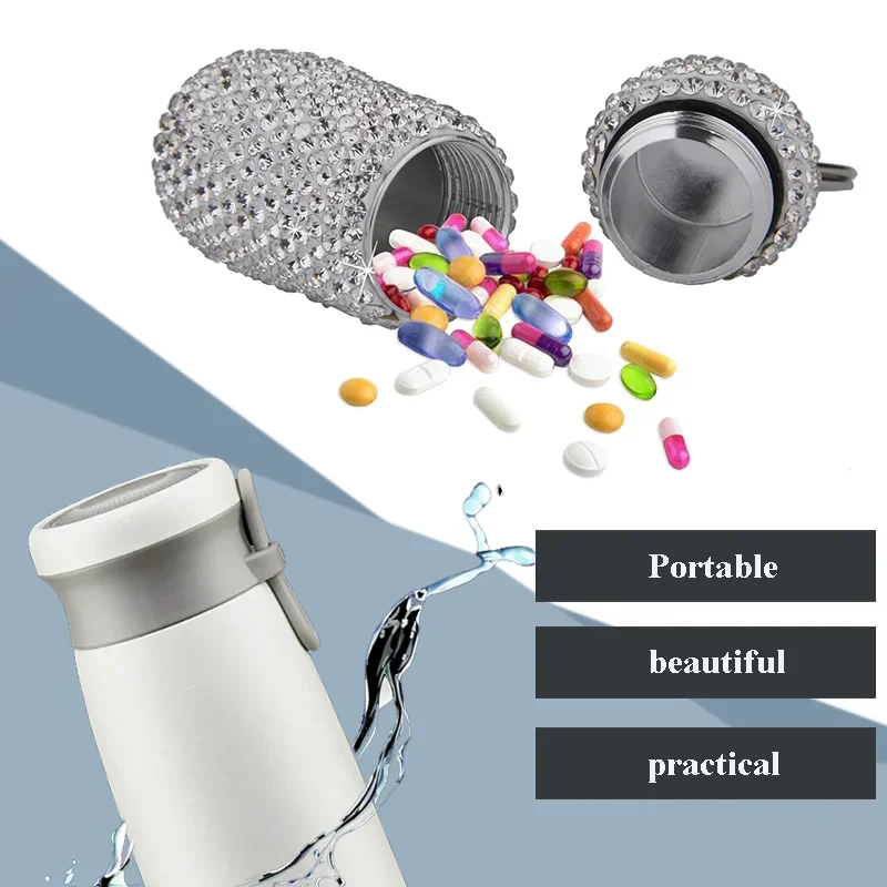 Bling Diamond Pill Container Portable Pill Bottle Case Waterproof Travel Medicine Box Beautiful Holder Storage with Keychain