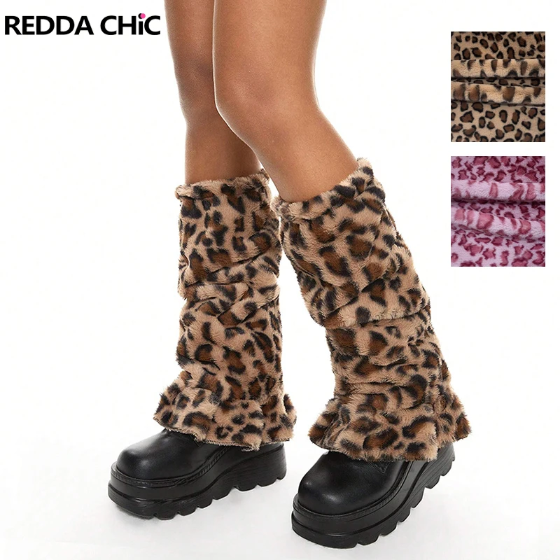 

REDDACHiC Kawaii Leopard Print Fuzzy Leg Warmers Y2k Gyaru Ruffled Hem Boots Cover Long Socks Women Harajuku Festival Outfits