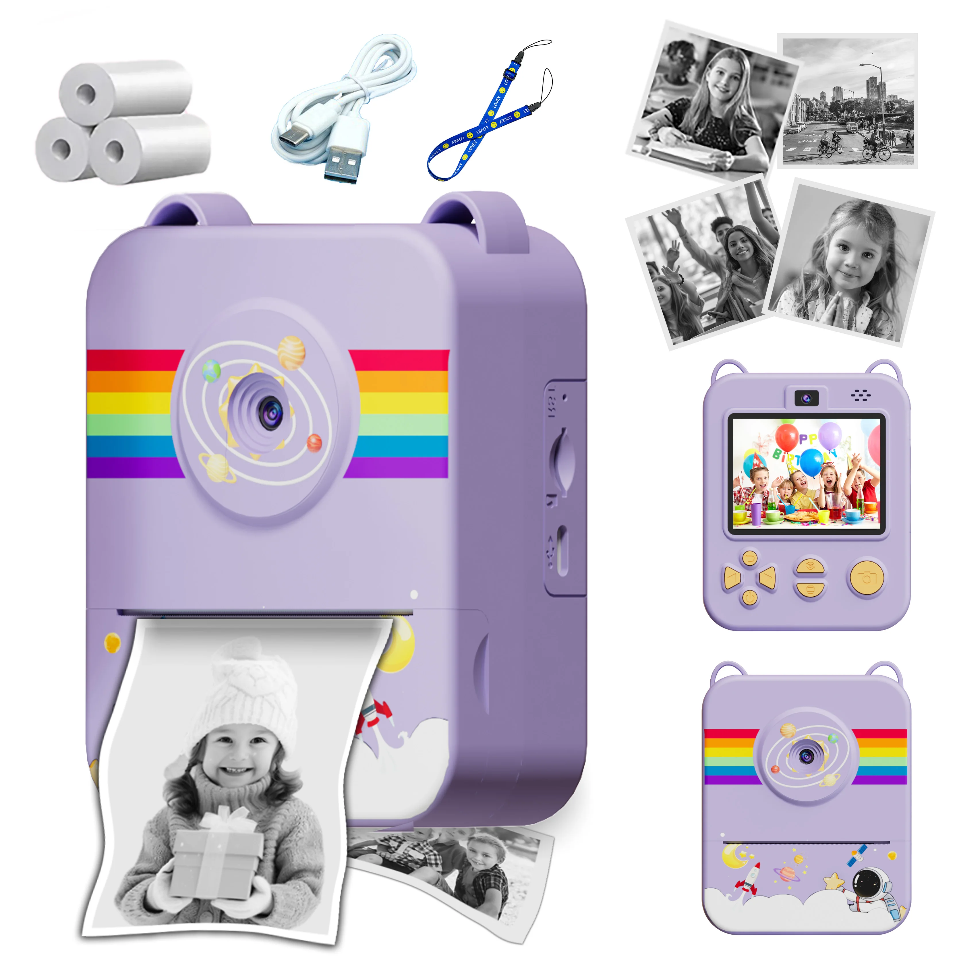 Instant print camera for children, USB charging|Dual lens|1500mAh,selfies&video&educational games,family gatherings&travel gift