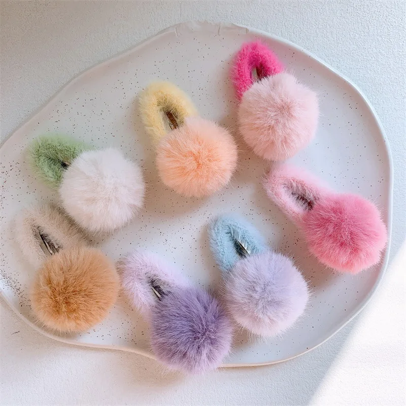 2024 Cute Furry Hair Clip For Kids Fluffy Ball Barrette Girls Plush Hairclip Baby Pompoms Hair Tie elastic hair rope headdress