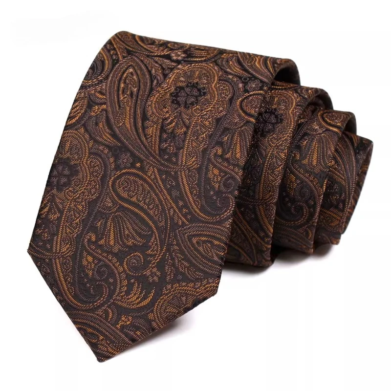 Men's 7cm Slim Tie Dark Coffee Paisley Pattern Retro Personalized Business Formal Trendy Necktie for Suit