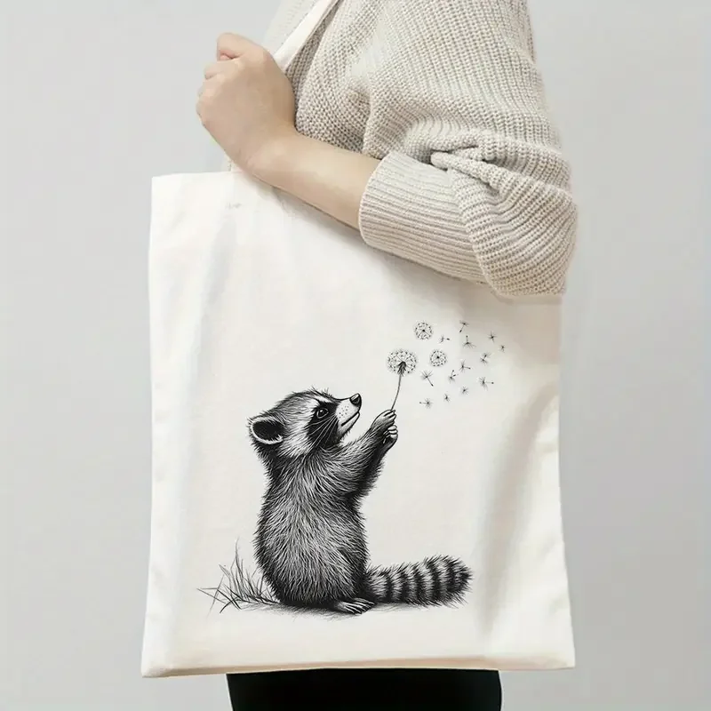 Black Sketch Raccoon Blowing Dandelion Seed Print Canvas Tote Bag Handbag For Daily Shopping School Commute Casual Shoulder Bag