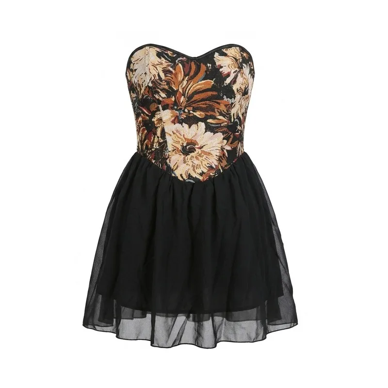 Gothic Retro Floral Jacquard Corset Dress Women Strapless Lace‑Up Back Black Chiffon Swing Short Party Dress