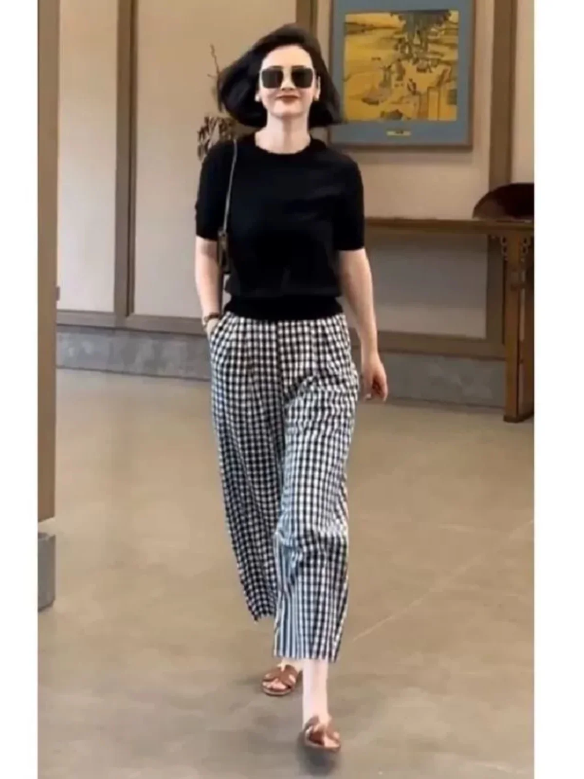 Slimming Plaid Pants Casual Women's Fashion Korean Style Summer New Trendy Harlan Nine Point Pants High Waist Other Material 100