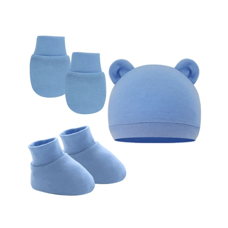 Neugeborenen Hüte + Handschuhe + Socken Set 3 Stücke Einfarbig Baumwolle Infant Kopfbedeckungen 0-12 M Baby