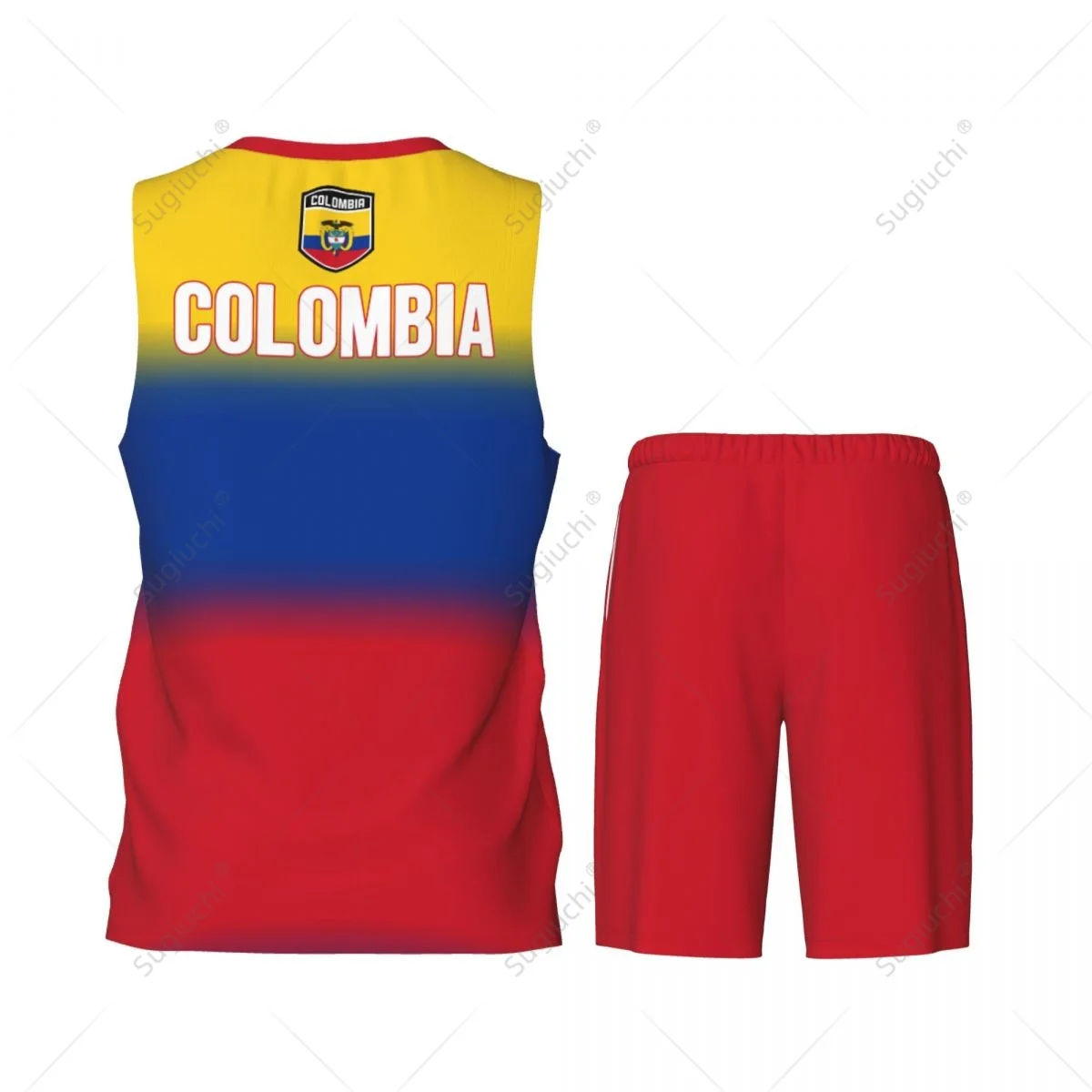 Conjunto de camiseta de baloncesto con bandera de Colombia para hombre, camisa y pantalones de malla, sin mangas, exclusivo, con nombre personalizado, Nunber, Unisex