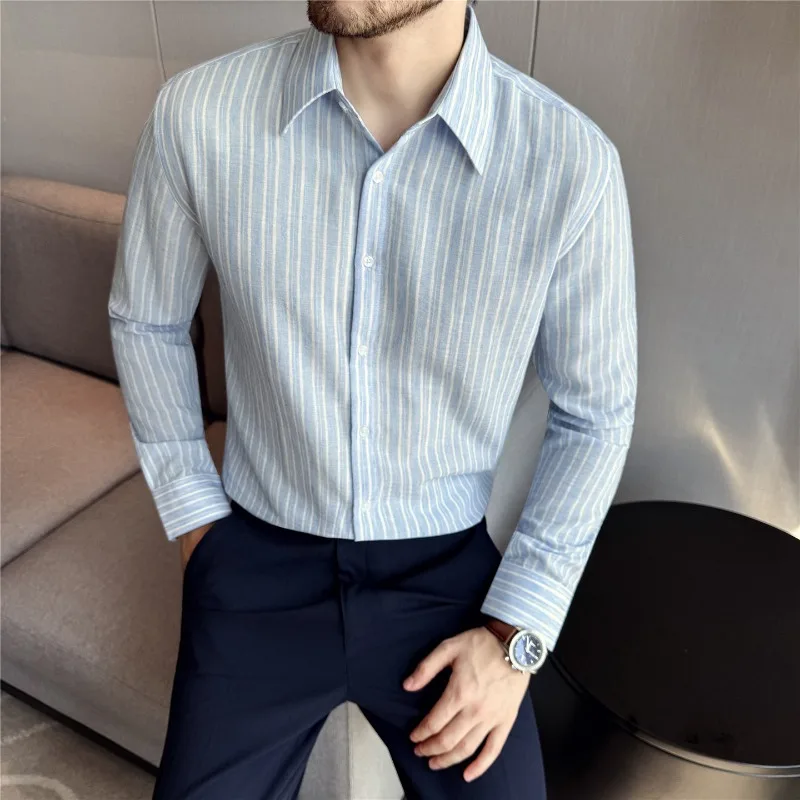 

Мужская полосатая классическая рубашка, осенняя новая однотонная деловая повседневная мягкая рубашка с длинными рукавами против морщин, модная мужская одежда высокого качества
