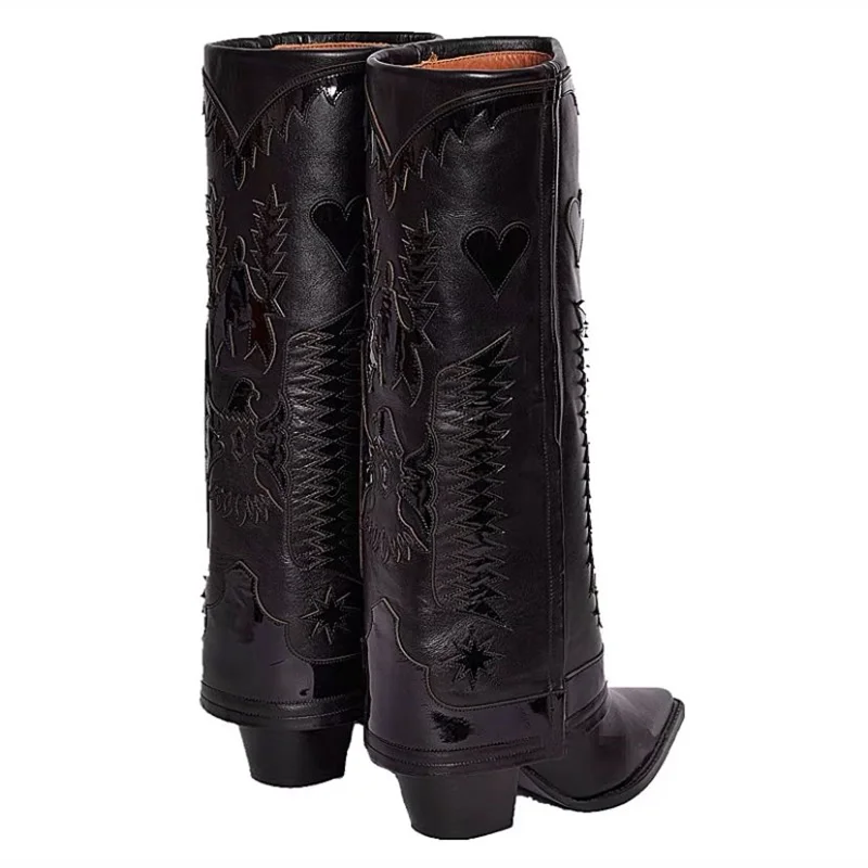 Przyszywany haft kobiety buty do kolan Western Cowboy 2024 jesieล zima nowy buty damskie prawdziwa skรณra Retro buty damskie