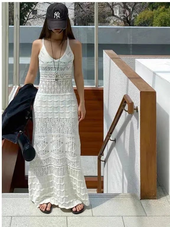 Elegant Chic Hollow out Weave Strap Long Dress Women's Slim Fit Sexy Body Shape Show off V Neckline Full Length Gown