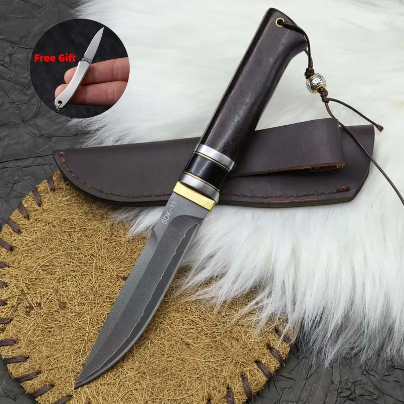 

SKD11 Стальные уличные ножи для инструментов 61HRC Прямые ножи высокой твердости Портативные ножи ручной работы с ручкой из черного дерева
