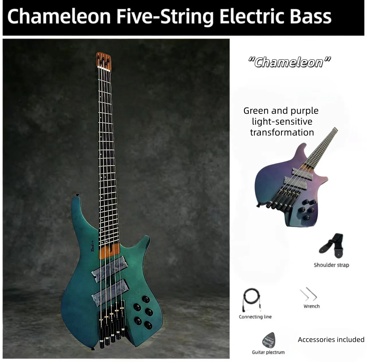 

Chameleon Five String Bass Green Purple Transformation Professional Performance Headless Electric Bass