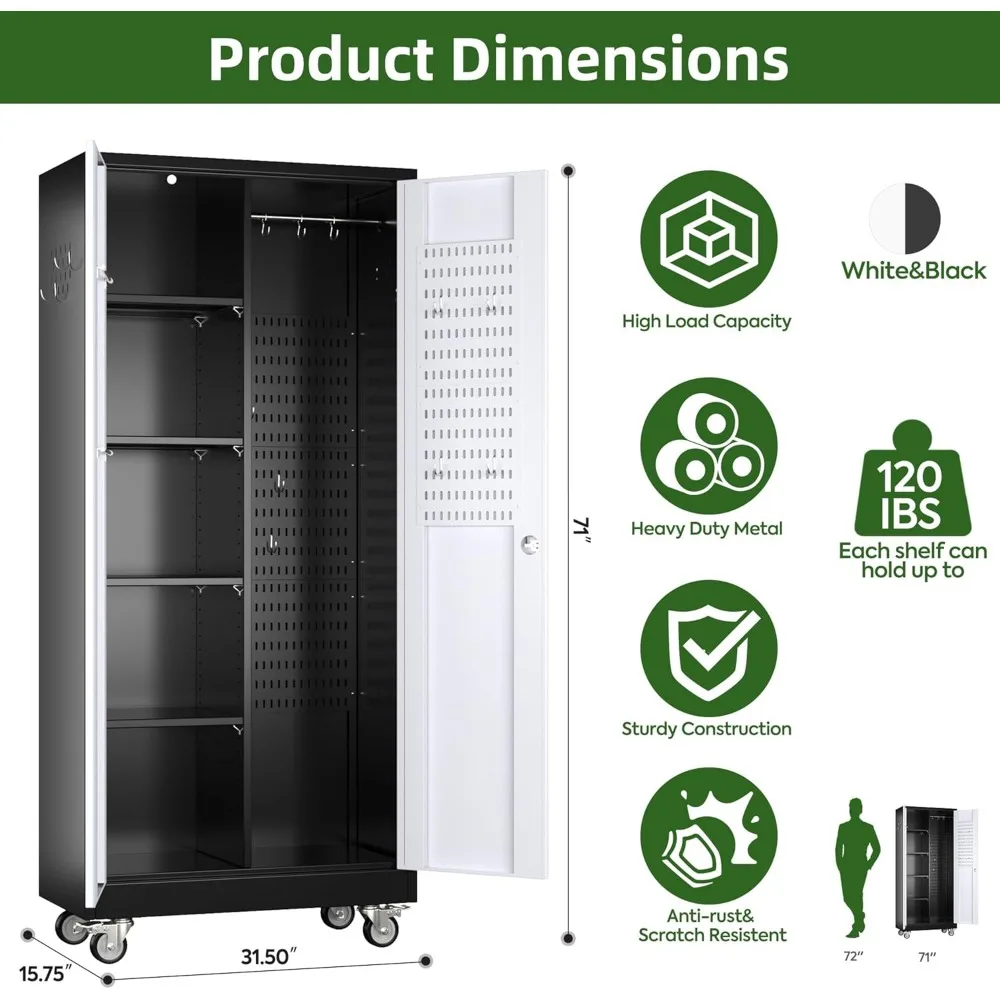 Металлический гаражный шкаф для хранения вещей с дверцами, регулируемыми полками, колесами и перфорированной доской для эффективной организации